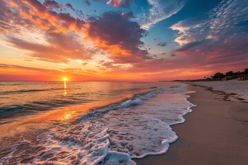Stunning Vibrant Sunset Over Serene Beach with Colorful Sky and Gentle Waves
