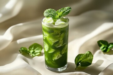 Refreshing Iced Matcha Green Tea Drink with Mint Garnish Summer Beverage