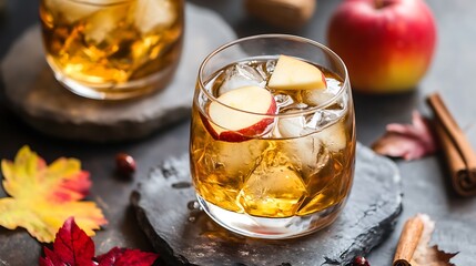 Cold refreshing apple cider manhattan cocktail with bourbo