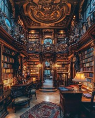 Obraz premium An opulent library interior showcasing ornate wooden bookshelves filled with colorful books, intricate carvings, and warm lighting, creating a cozy reading atmosphere
