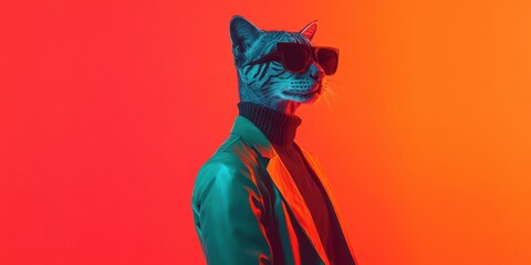 Feline Chic: A stylish cat in shades and a suit, strikes a pose under vibrant neon lights. A playful twist of classic style, adding a touch of humor and creativity.