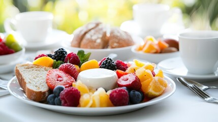 A close-up shot of a beautifully arranged, gourmet breakfast spread, including colorful fruits, artisanal bread, and elegant tableware. This image promotes a positive morning routine and healthy