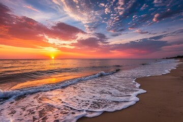 Stunning Vibrant Sunset Over Serene Beach with Colorful Sky and Gentle Waves