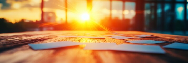 Sunset view through window, scattered papers on wooden table. Warm, golden light illuminating the scene.