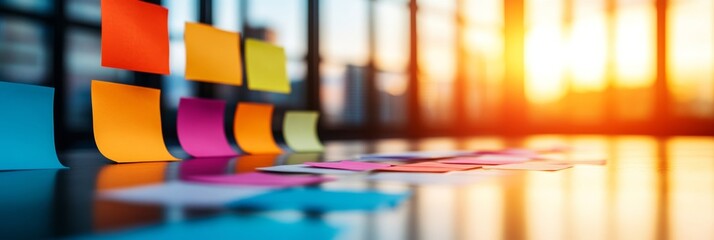 Colorful sticky notes on a table, reflecting the warm sunset light.  A vibrant image representing planning and ideas.