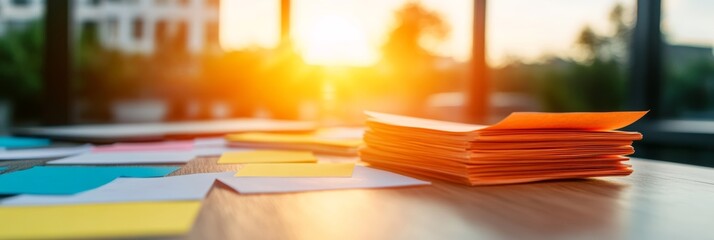 Sunset illuminates a desk with a stack of orange papers and colorful sticky notes, creating a warm, productive atmosphere.
