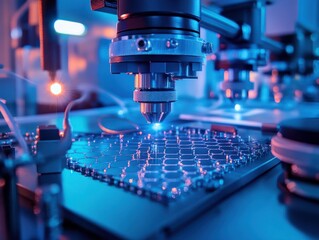 Close-up view of advanced microscopy equipment analyzing a patterned surface in a high-tech laboratory, showcasing intricate details and a vibrant blue lighting ambiance
