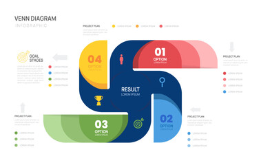 Venn diagram infographic 4 chart template for business start up presentation with venn diagram elements vector illustration.