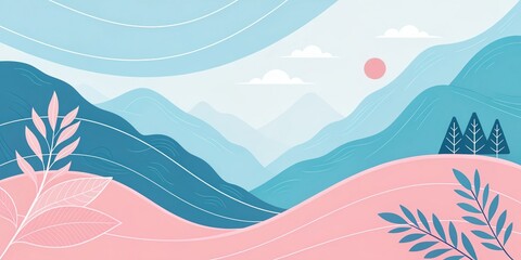 Obraz premium Serene landscape illustration of rolling hills and soft blue skies nature artwork digital art peaceful environment aerial perspective tranquility concept