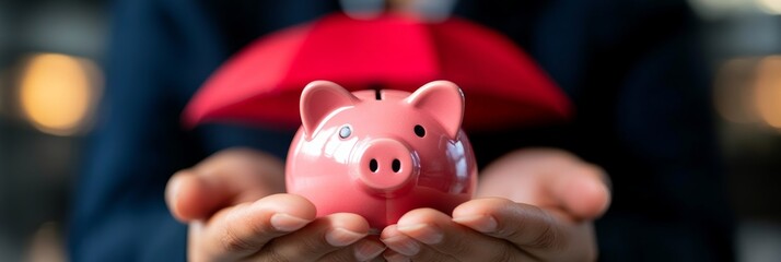 Protecting your savings. A piggy bank sits safely under a small red umbrella, symbolizing financial security.