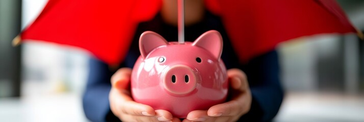 Protecting your savings. A person carefully holds a piggy bank under a red umbrella.