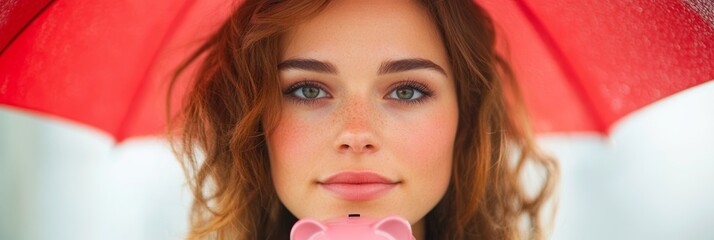 Young woman with freckles under a red umbrella holding a piggy bank.  A portrait of savings and security.