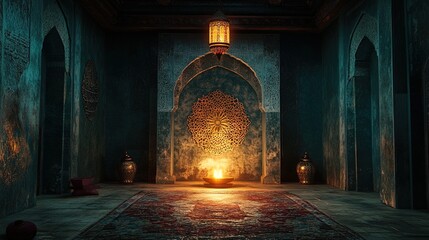 A glowing lantern casting intricate patterns on the walls of a serene prayer room 