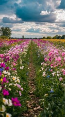 A vibrant field of blooming flowers stretches into the distance. Colorful blossoms create a stunning visual tapestry under the expansive sky. Generative AI.