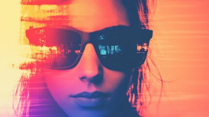 Close-up portrait of a young woman wearing sunglasses, with a vibrant city reflected in the lenses.  A striking blend of warm and cool tones creates a modern, stylish aesthetic.