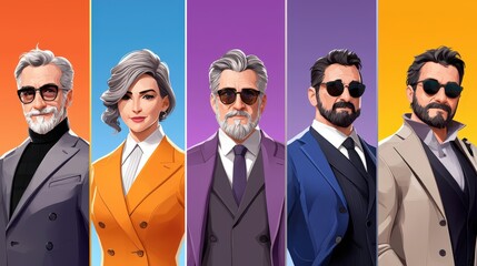 An elegant poster showcasing avatars in a professional scenario, each avatar portrayed as a business professional. With a focus on sophistication and elegance, the balanced composition draws
