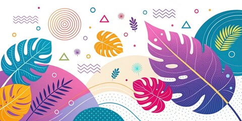 Vibrant tropical leaves and geometric patterns digital artwork abstract design colorful background creative aesthetic