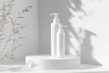 Elegant, minimalist cosmetic bottles on a pedestal. Natural light and shadow create a tranquil scene