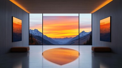 Serene mountain sunset view from a minimalist living space. Orange and purple hues dominate the sky, reflected in a unique floor feature.