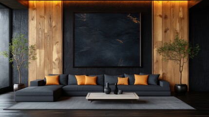 Modern living room with dark gray sectional sofa, orange throw pillows, and large dark artwork.