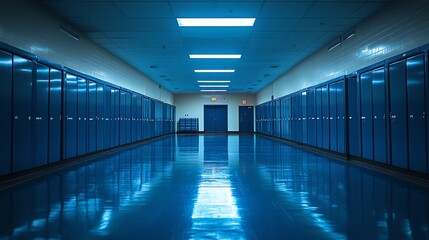 School Hallway with Lockers and Shiny Floor Showing Reflection