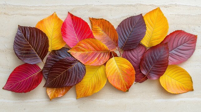 Colorful autumn leaves arranged on beige stone.