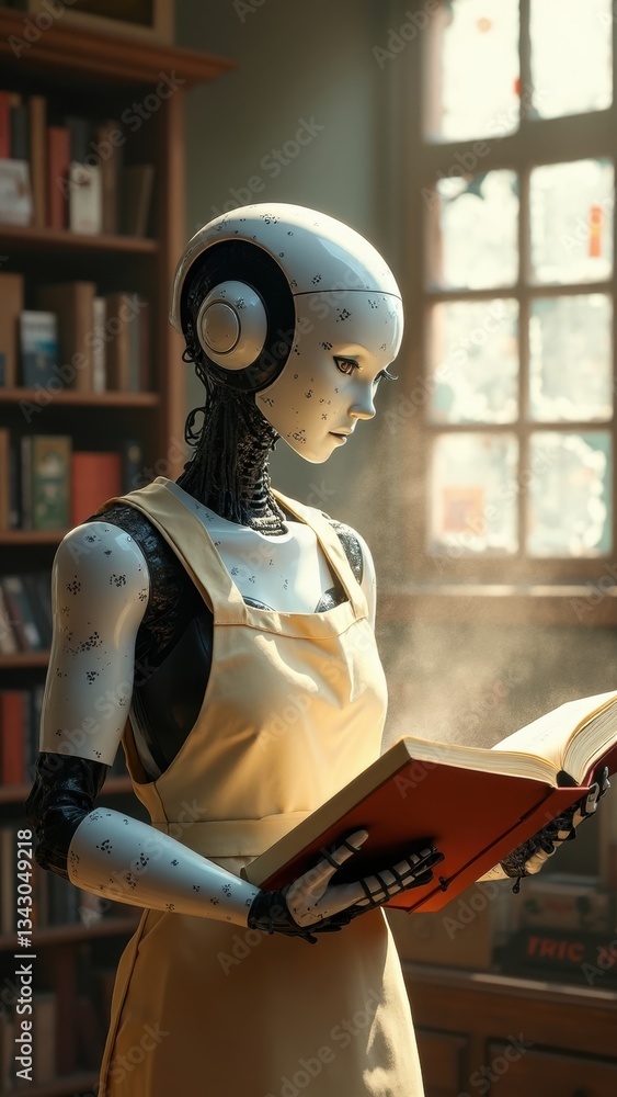 Poster robot is reading a book in a library. the robot is wearing a yellow apron and has a book in its hand
