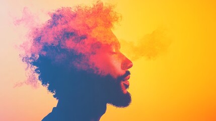 A young Black man's profile is partially obscured by a vibrant, colorful smoke effect, creating a surreal and artistic image.