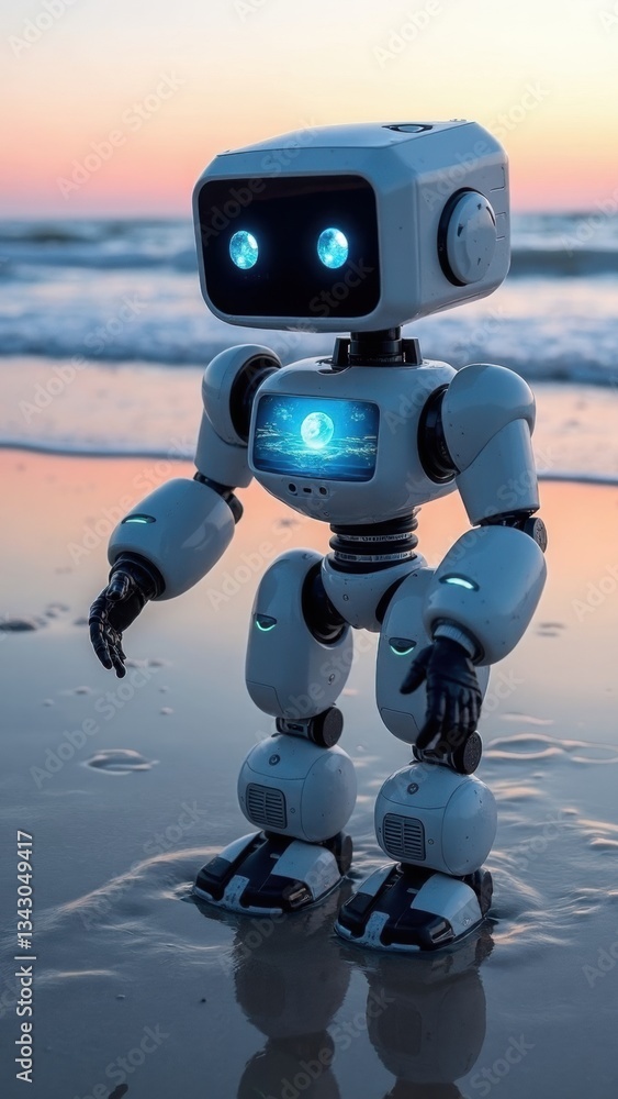Poster robot is standing on the beach with its arms outstretched. the robot is white and blue and has a blu