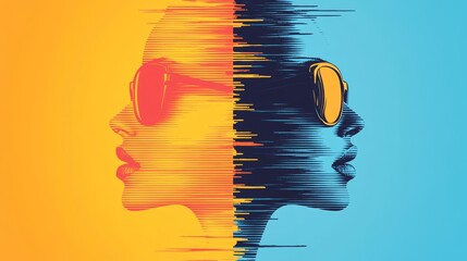 Dual portrait of a woman, split and stylized with vibrant colors.  A striking image exploring contrast and identity.