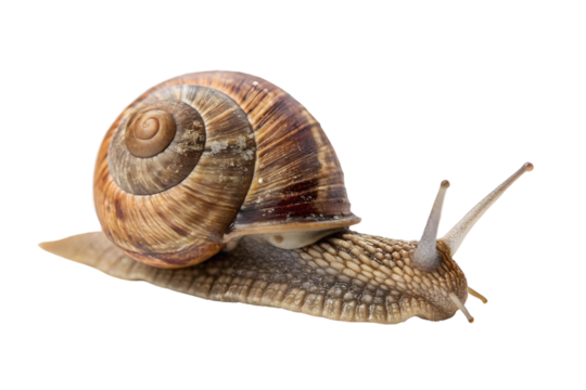A determined snail embarks on a slow journey, its spiral shell a testament to time and perseverance, against a clean On white Or png Background