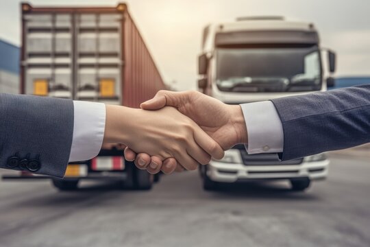 Business professionals shaking hands in front of a delivery truck at a logistics site illustrating partnership and cooperation in transportation industry