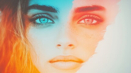 Close-up portrait of a young woman's face, split into cool and warm tones, creating a captivating contrast.