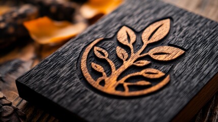 Intricate wood carving of a branch with leaves. Dark wood background with orange hues.  Artisan craftsmanship.