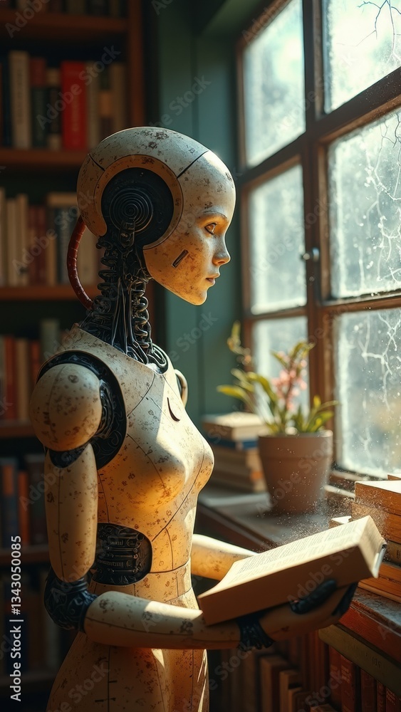 Poster robot is holding a book and standing in front of a window. the robot is wearing a white helmet and h