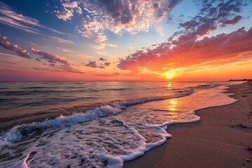 Stunning Vibrant Sunset Over Serene Beach with Colorful Sky and Gentle Waves