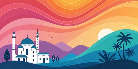 Sunset mosque silhouette scenic landscape digital artwork vibrant colors streamlined composition serenity and culture