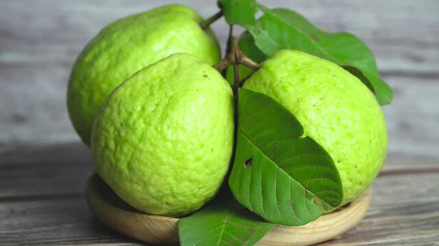 Close-up side view of a rotating plate with four guavas, each with leaves attached