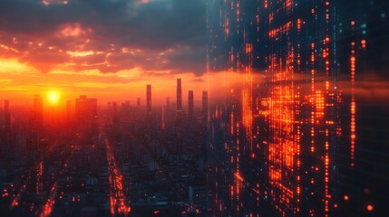 Futuristic Cityscape at Sunset Digital Data Overlay Orange Glow Urban Skyline