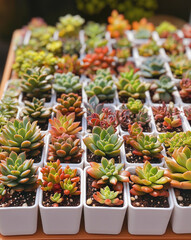 vibrant collection of succulent plants arranged neatly in white pots, showcasing variety of colors and shapes. lush greenery and warm tones create serene and inviting atmosphere