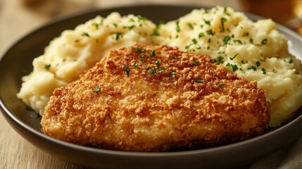 A golden-brown breaded chop, its crispy exterior yielding to a succulent, juicy interior, served alongside creamy mashed potatoes.