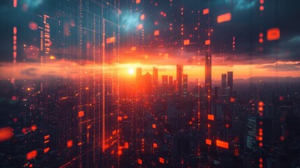 Futuristic Cityscape at Sunset with Digital Data Overlay Abstract Network Technology Background