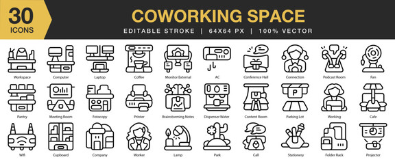 Coworking Space icon set. Editable Stroke Icon Collection. Includes work, workplace, together, company, and More. Outline icons vector collection.
