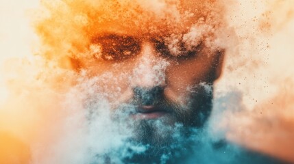 Fototapeta premium A man's face emerges from a cloud of vibrant orange and teal powder, creating a surreal and artistic portrait.
