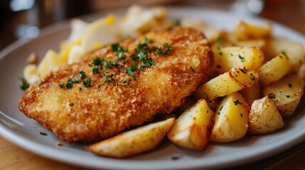 A golden Wiener Schnitzel, crispy and savory, nestled beside fluffy potato wedges, a classic German dish that tantalized the senses and satisfied the soul.