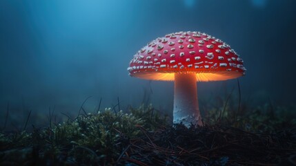 Fototapeta premium An eerie yet beautiful Coprinopsis picacea mushroom thriving in a foggy autumn forest, illuminated by soft light.