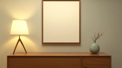 A minimalist living room features a warm lamp illuminating a wooden sideboard. A pale vase with delicate flowers adds a touch of nature, enhancing the tranquility of the modern decor