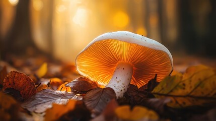 An eerie yet beautiful Coprinopsis picacea mushroom thriving in a foggy autumn forest, illuminated by soft light.