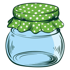 Glass jar with a green fabric lid, perfect for home canning and dairy products. Vector illustration representing sour cream, preserves, or condiments.