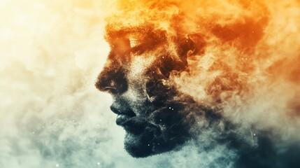 A man's face emerges from a swirling cloud of smoke and ash, creating a dramatic and ethereal image.